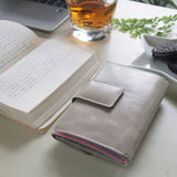 柔らかなイタリアンレザーで仕立てた、グレーとピンクの軽量二つ折り財布が