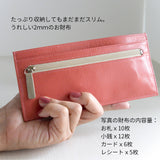 厚さわずか2mmの長財布に小銭、カード、お札を入れてもぺちゃんこな様子。