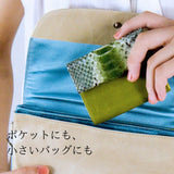 緑のコンパクト蛇革財布を小さいバッグに入れる様子