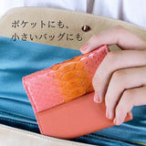 ピンクの蛇革のお財布を小さいバッグに言える様子