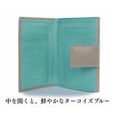 ライトグレーとターコイズブルーのバイカラーの財布を開いた時の様子