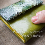 緑の蛇革ミニ財布財布を指でなぞっている様子