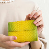黄色のパイソン蛇革財布を手に持った様子|超軽量で大容量な二つ折り財布