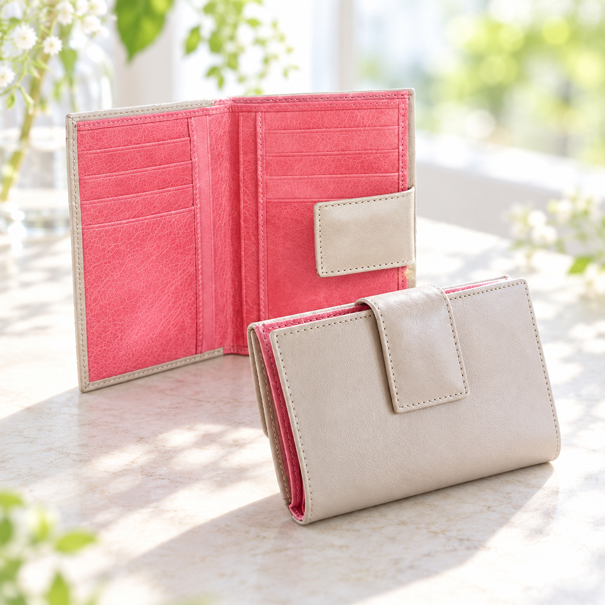 アッシュとピンクのバイカラーの二つ折り財布