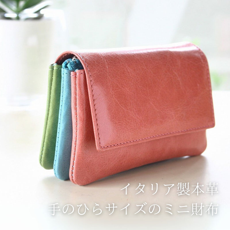 柔らかで、コロッとしたフォルムがキュートな、ピンク色のイタリア製革使用。手のひらサイズのミニ財布。