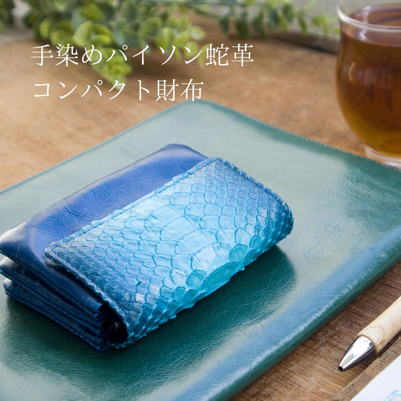 美しいブルーのグラデーションが特徴の蛇革の小さなカードサイズのコンパクト財布が、素敵な革のノートカバーの上に置かれている
