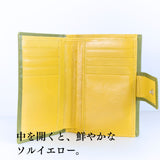 緑の二つ折り財布のカードが入るところを開いた様子